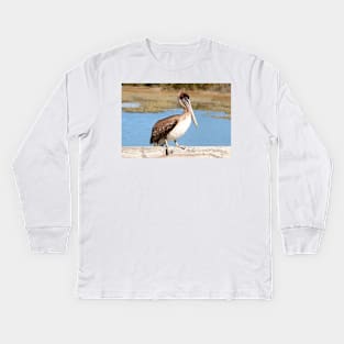 Brown & White Pelican Kids Long Sleeve T-Shirt